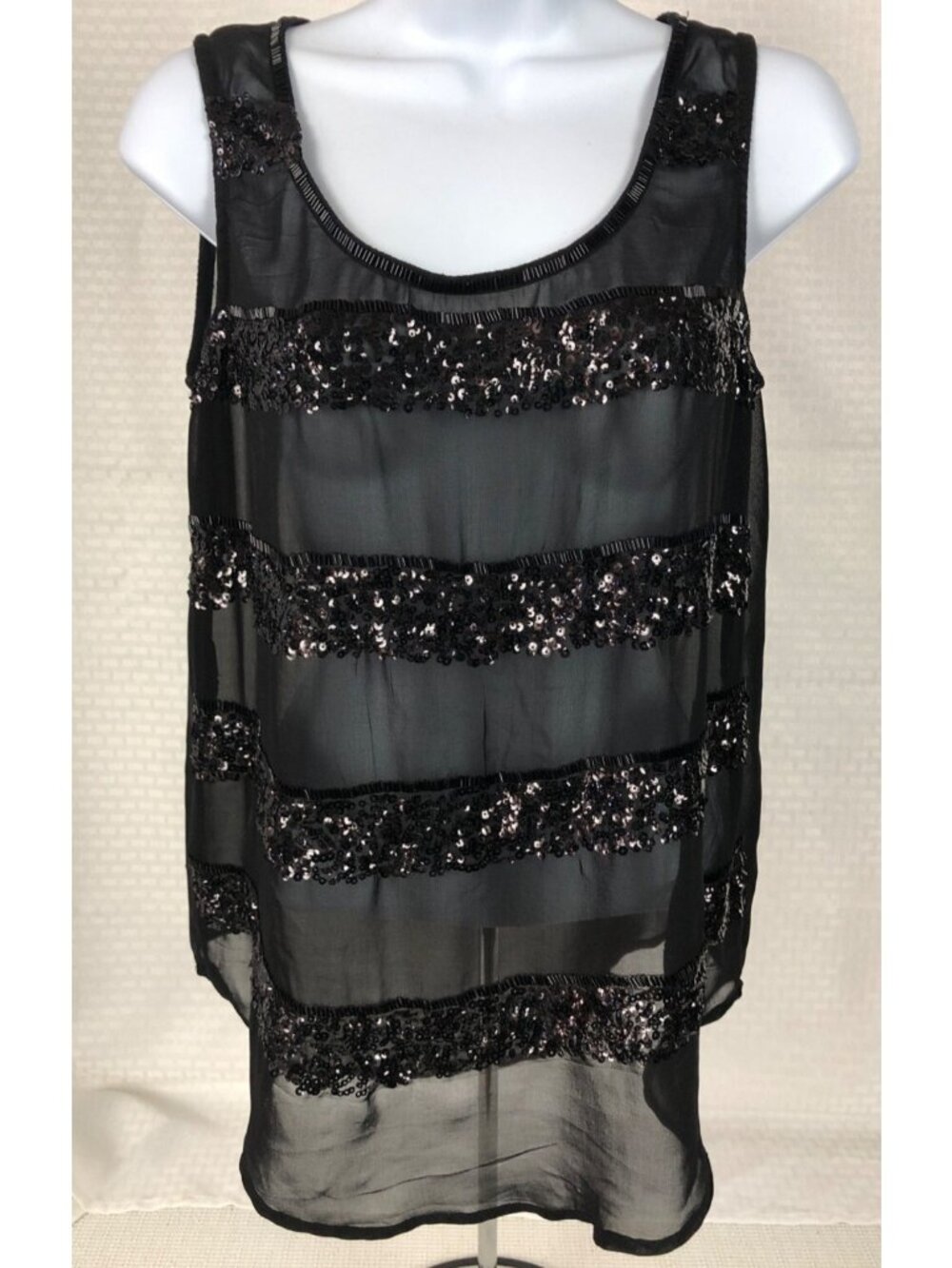 XXI Top Women Size  SP Black Sheer Sequins Sleeveless Tank Top Lined Scoop Neck